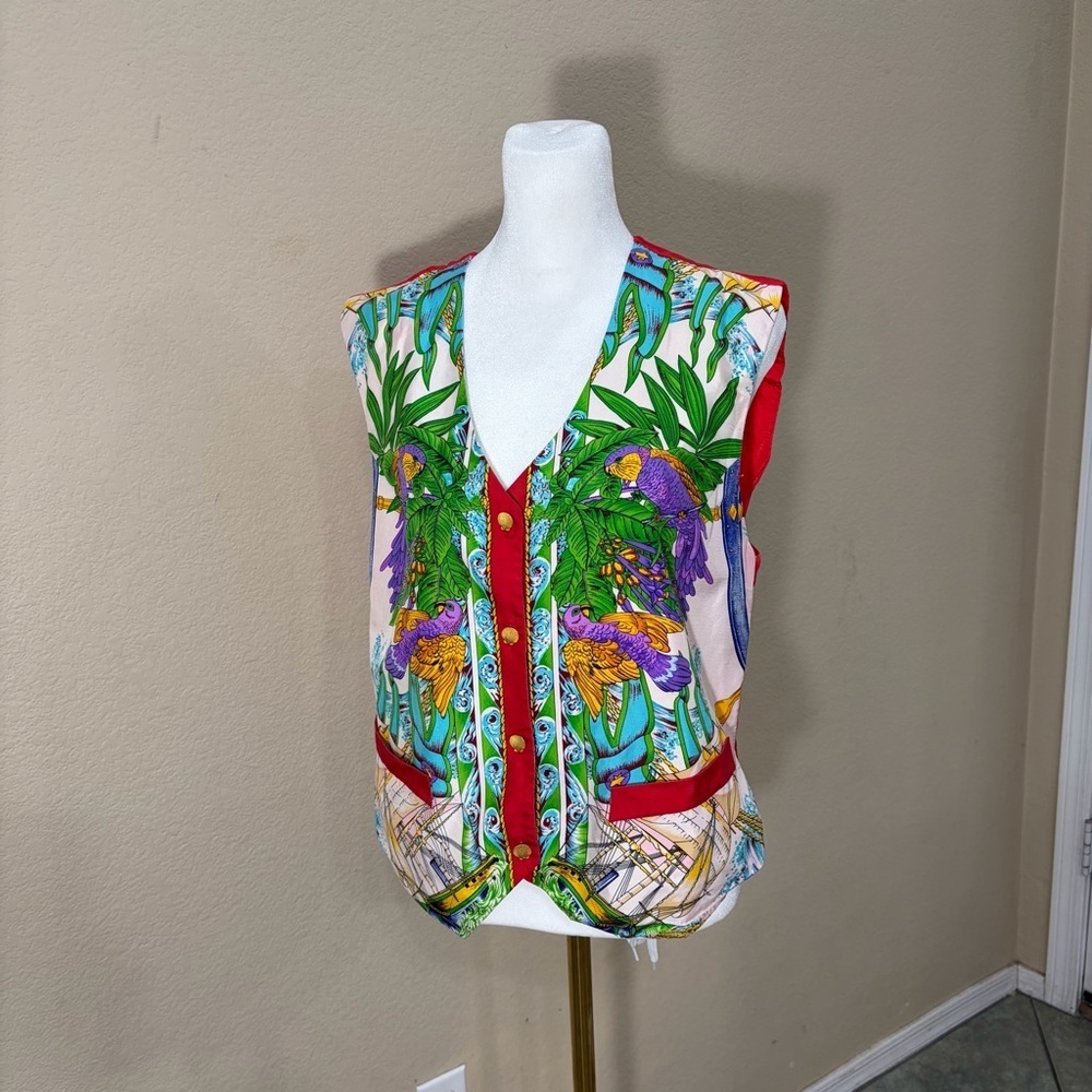 Vtg Jerri Sherman 100% SILK Flora Peacock Bohemian Vest Sz 10 Boho Retro Funky